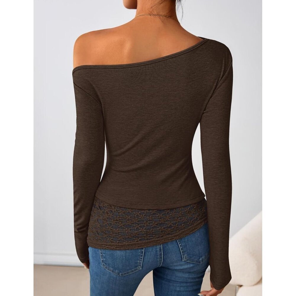 Women's Off Shoulder Coffee Long Sleeve Top Casual Lace Slim Fit Fall Y2K Blouse - Picture 3 of 5